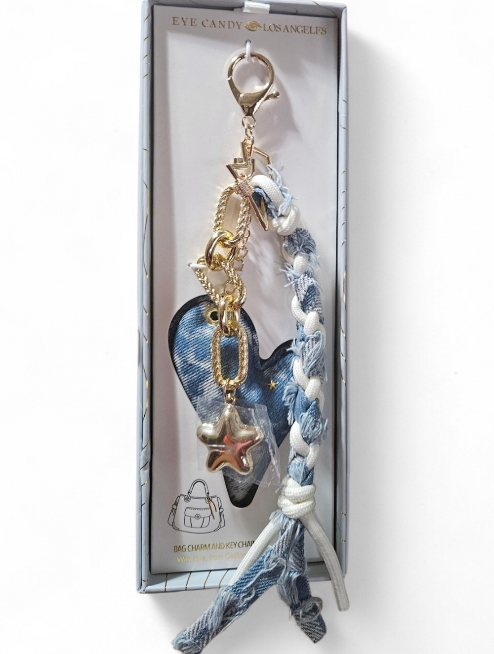 Eye Candy Los Angeles Denim Heart & Braid Bag Charm Key Ring ~ NIB